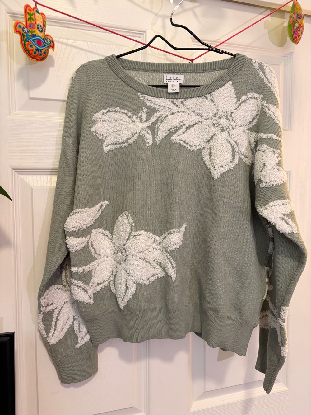 Nicole Miller Sage Green Crewneck Sweater with White Floral Tufting